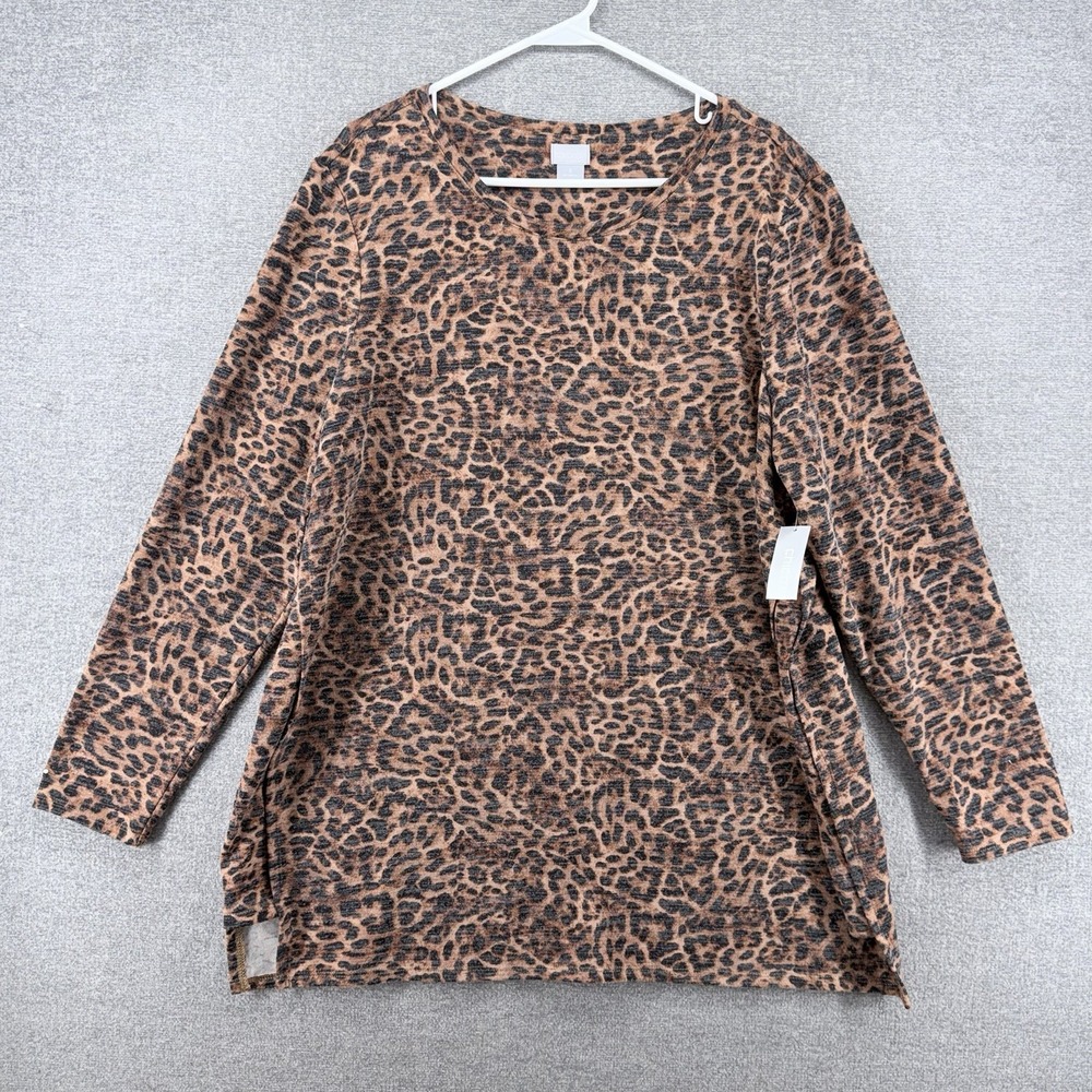 Chicos Soft Chic Tunic Top Women Size 3 Brown Leopard Long Sleeve NEW